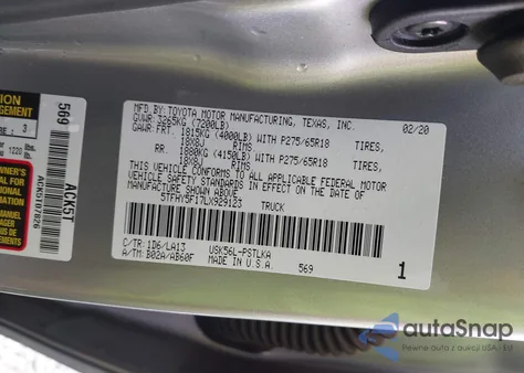 2020 Toyota Tundra Limited z USA, uszkodzony, nr VIN 5TFHY5F17LX929123